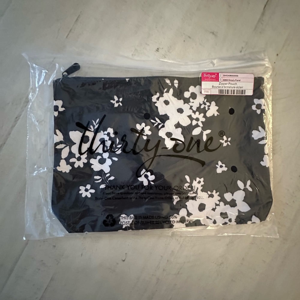Thirty-One Black Pouch with White Floral Pattern
